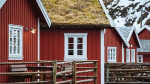 ood Scandinavisch houten huis met witte kozijnen en een grasdak